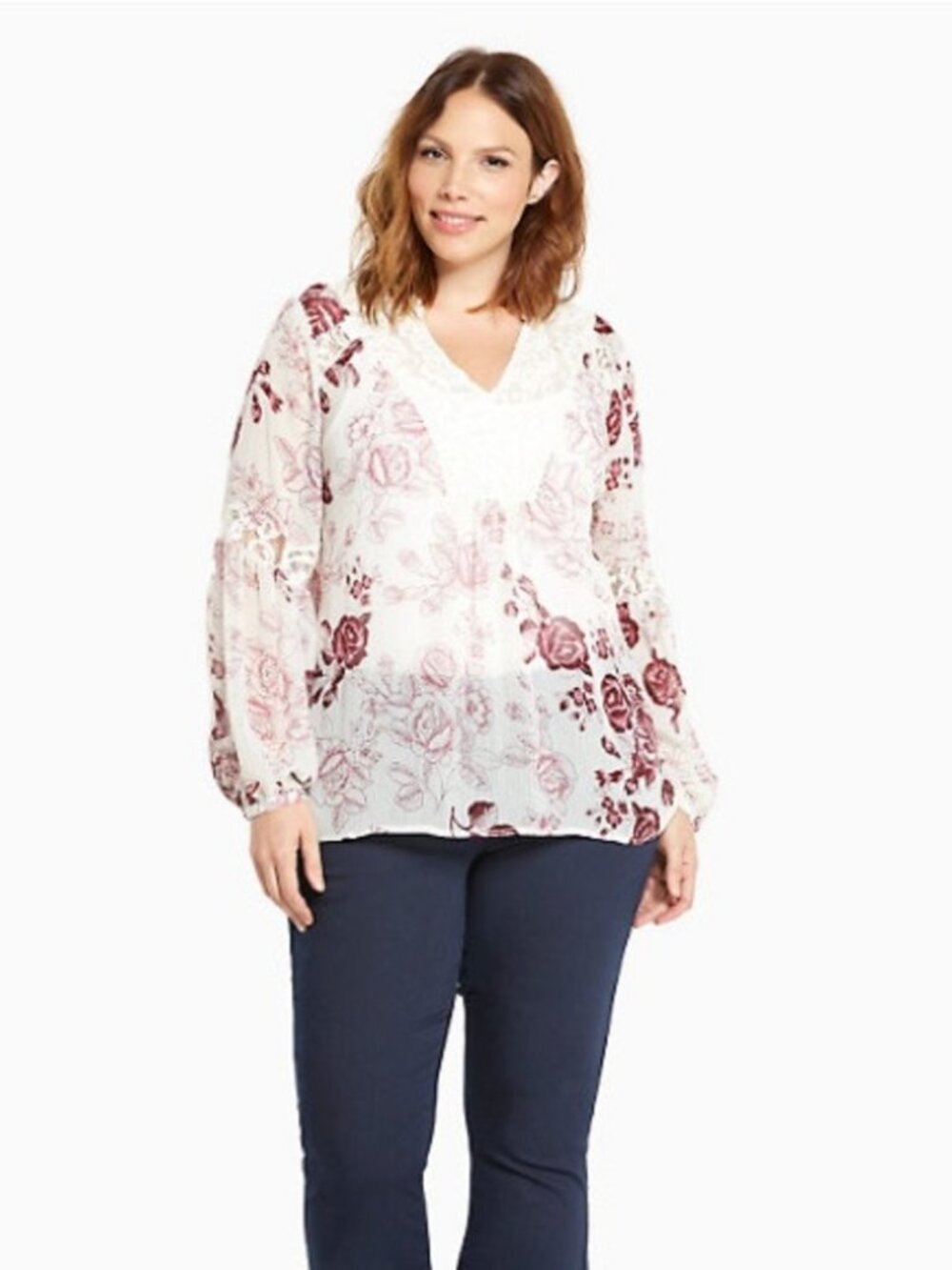 Torrid Floral Print Chiffon Lace Inset Blouse Womens 2X New Long Sleeve V-Neck